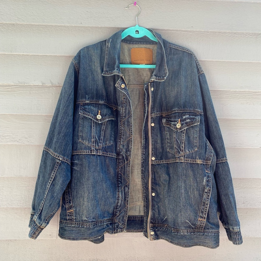 American Eagle Dark Wash Oversized Zip-Up Jean Jacket